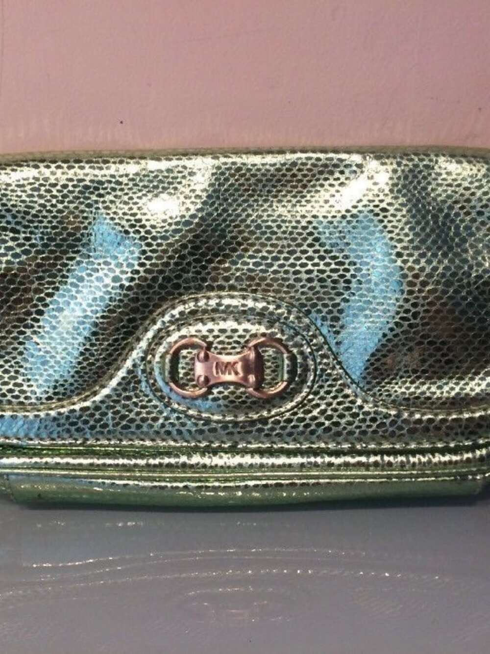 Michael Kors Wristlet Clutch Bag Metallic Snakeskin Green STRAP MISSING